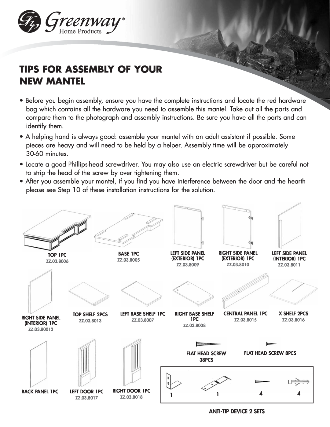 Greenway Home Products GEF28WCDO manual Tips For Assembly Of Your New Mantel, ANTI-TIPDEVICE 2 SETS 