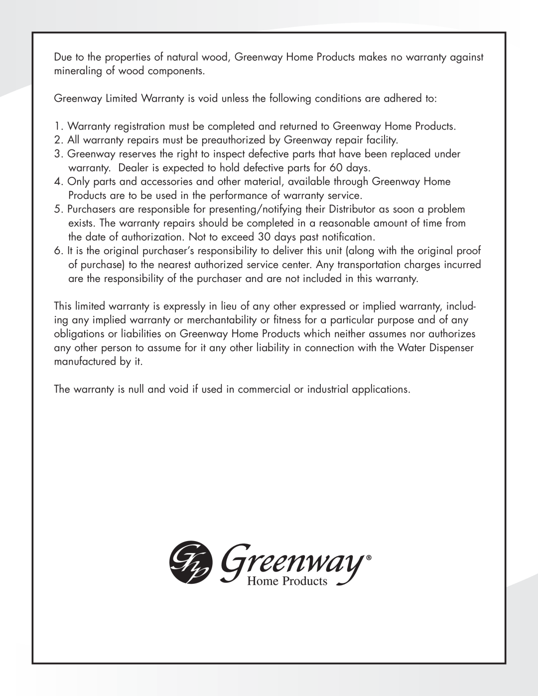Greenway Home Products GEF28WCDO manual 