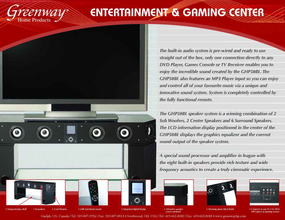 Greenway Home Products GHP50BL manual Entertainment & Gaming Center 