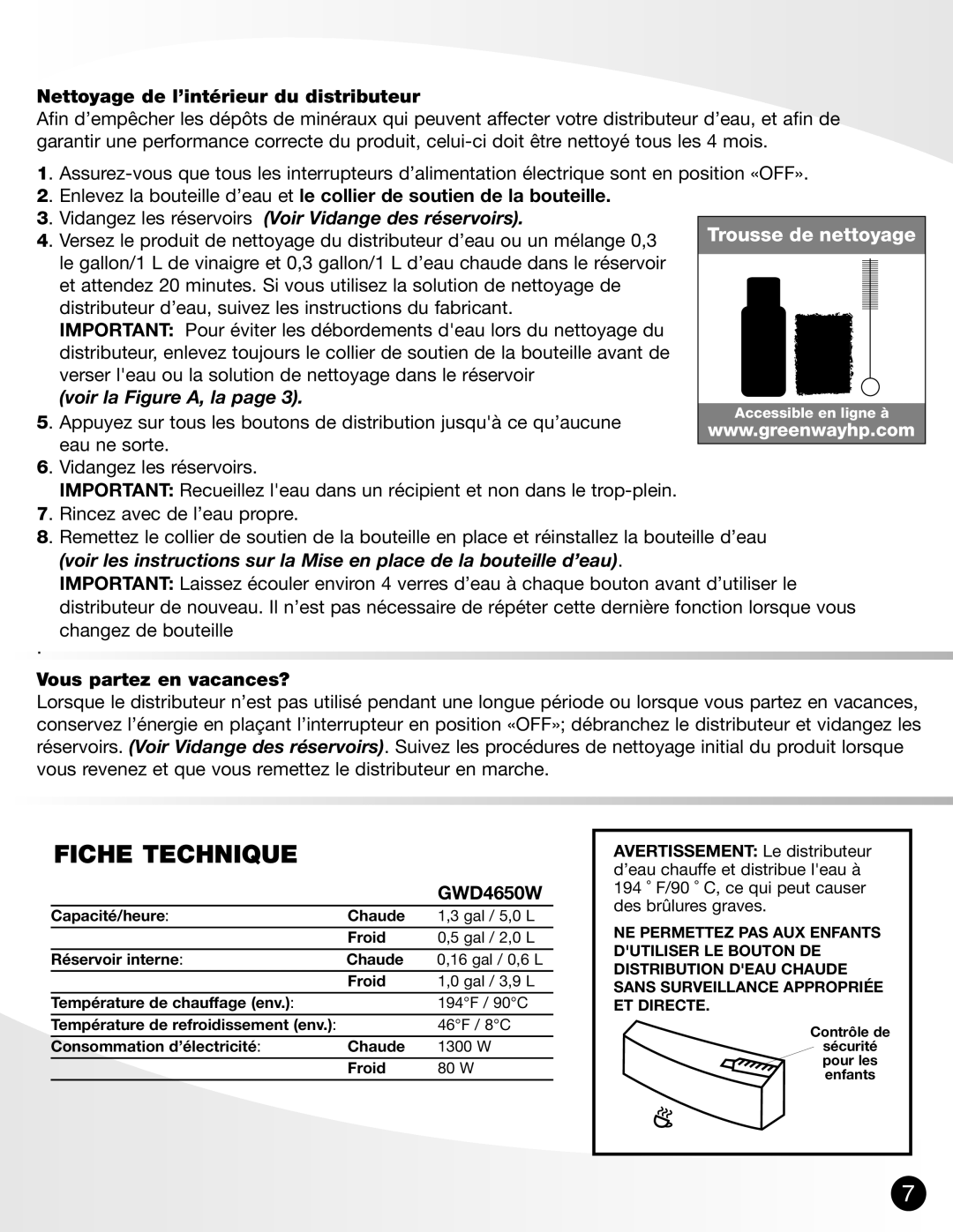 Greenway Home Products GWD-4650W manual Fiche Technique, Nettoyage de l’intérieur du distributeur, Vous partez en vacances? 