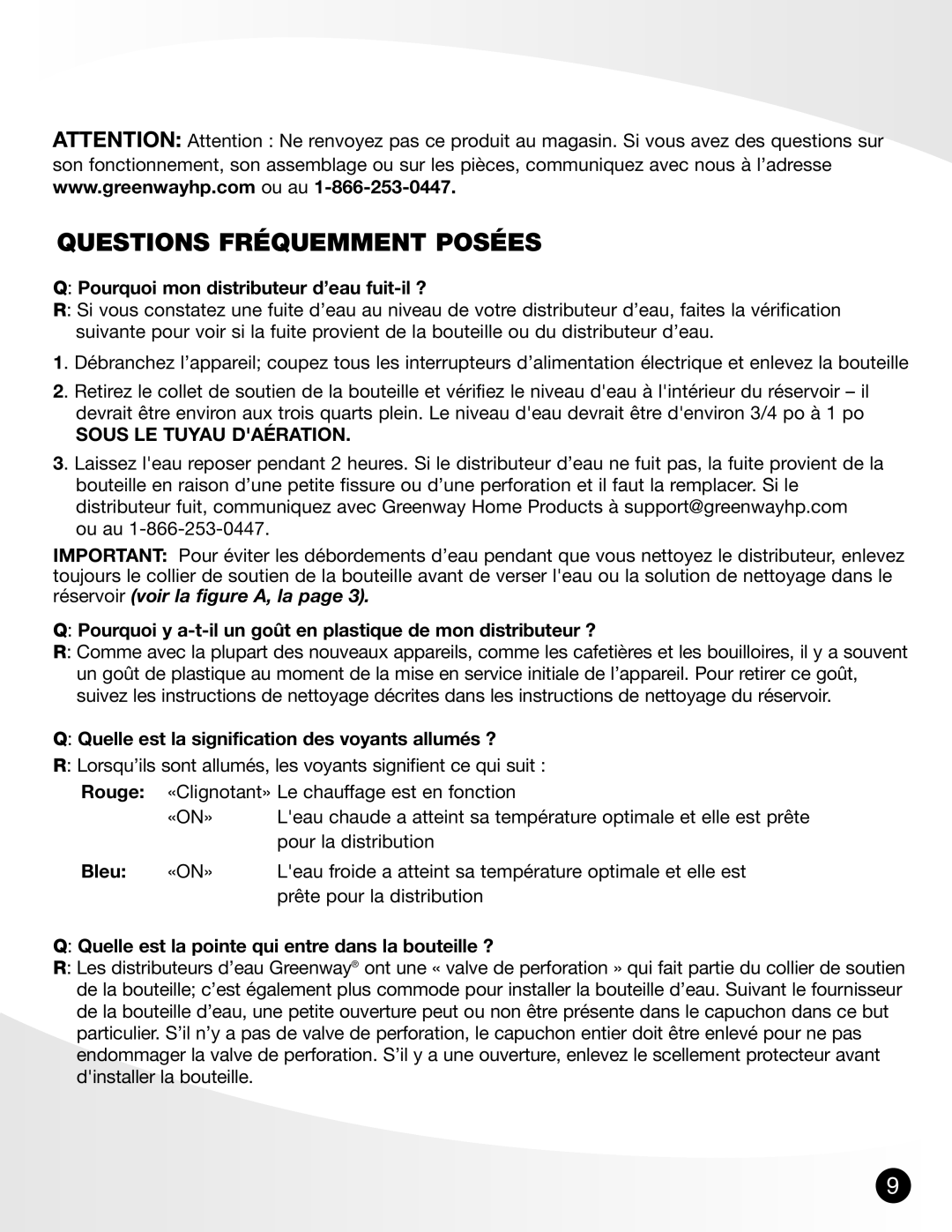 Greenway Home Products GWD-4650W manual Questions Fréquemment Posées, Pourquoi mon distributeur d’eau fuit-il ? 