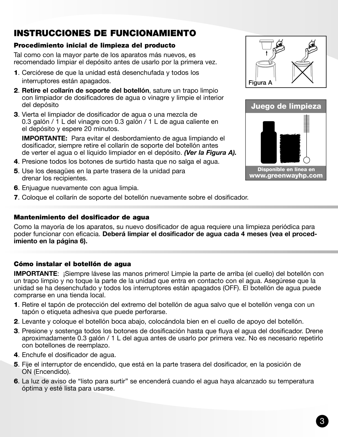 Greenway Home Products GWD-4650W manual Instrucciones DE Funcionamiento, Procedimiento inicial de limpieza del producto 