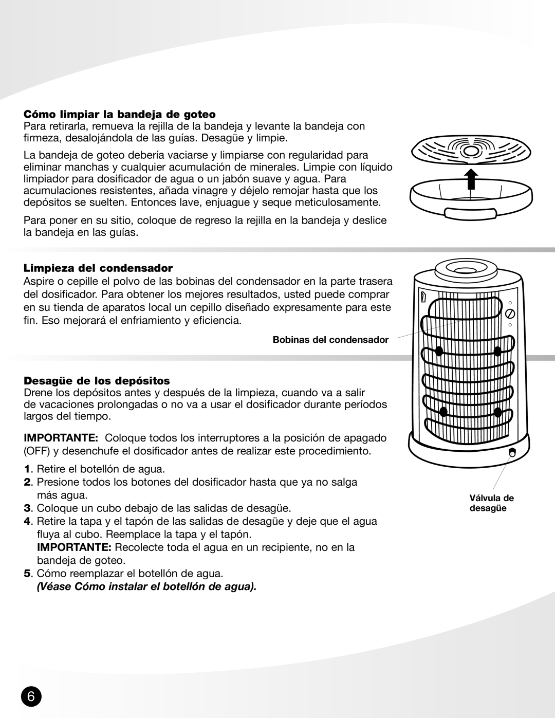 Greenway Home Products GWD-4650W Cómo limpiar la bandeja de goteo, Limpieza del condensador, Desagüe de los depósitos 