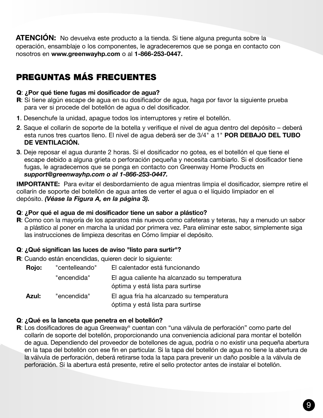 Greenway Home Products GWD-4650W manual Preguntas MÁS Frecuentes, ¿Por qué tiene fugas mi dosificador de agua? 