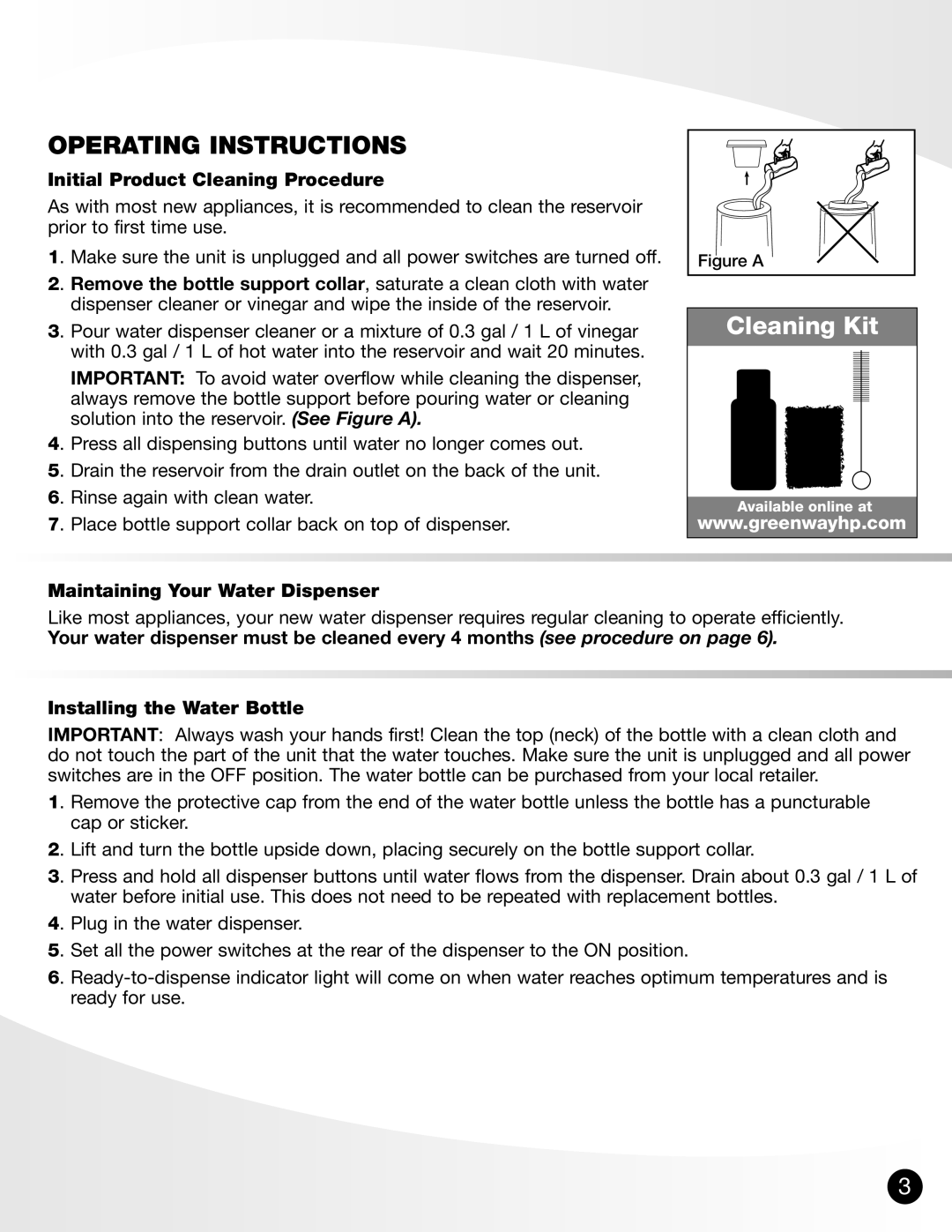 Greenway Home Products GWD-4650W manual Operating Instructions, Initial Product Cleaning Procedure 