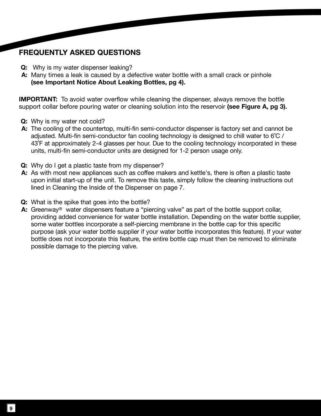 Greenway Home Products GWD2630W-1 manual Frequently Asked Questions, See Important Notice About Leaking Bottles, pg 