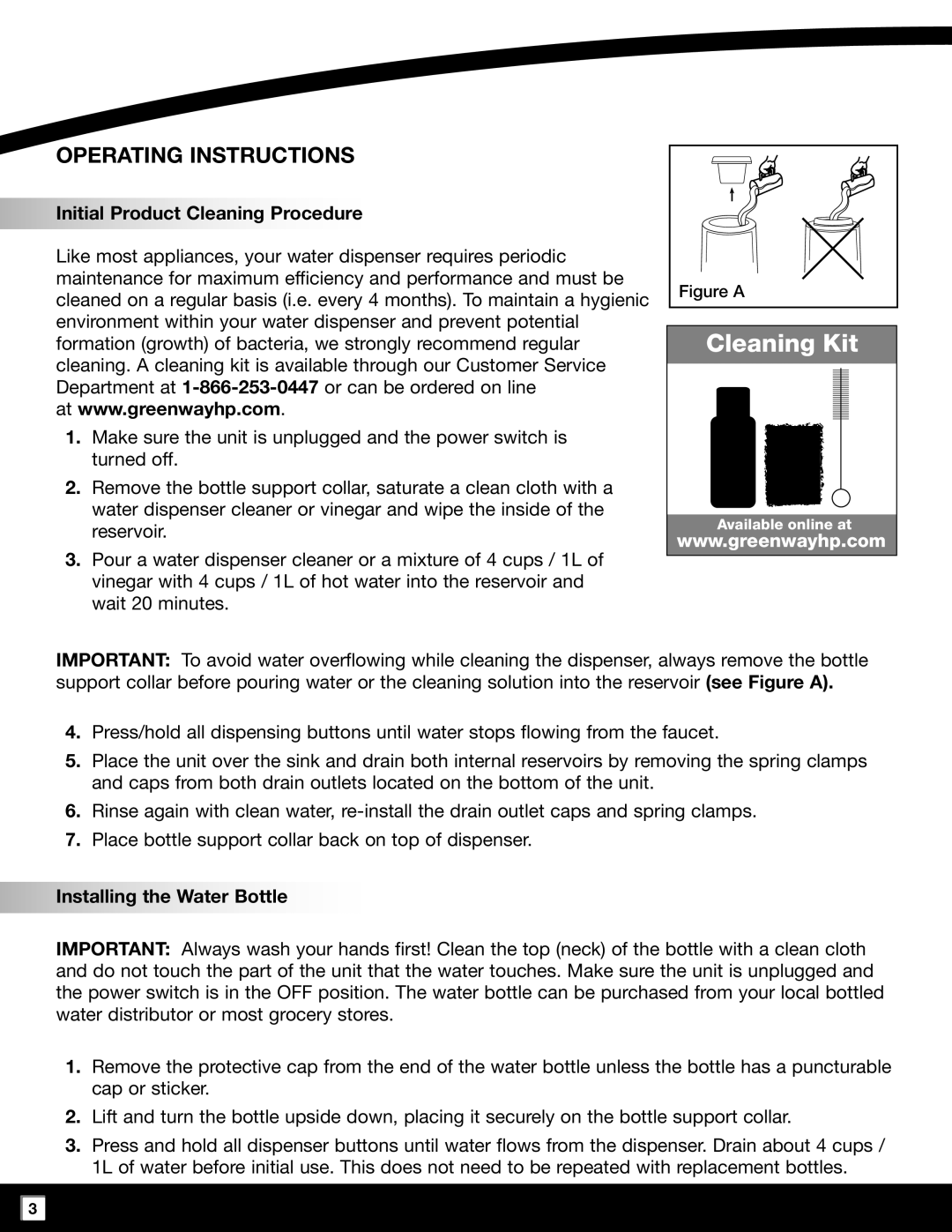 Greenway Home Products GWD2630W-1 Operating Instructions, Initial Product Cleaning Procedure, Installing the Water Bottle 