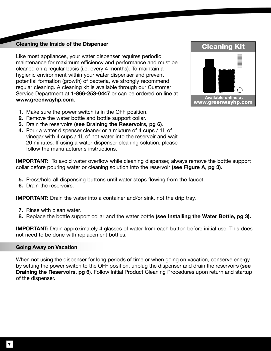 Greenway Home Products GWD2630W-1 manual Cleaning the Inside of the Dispenser, Going Away on Vacation 