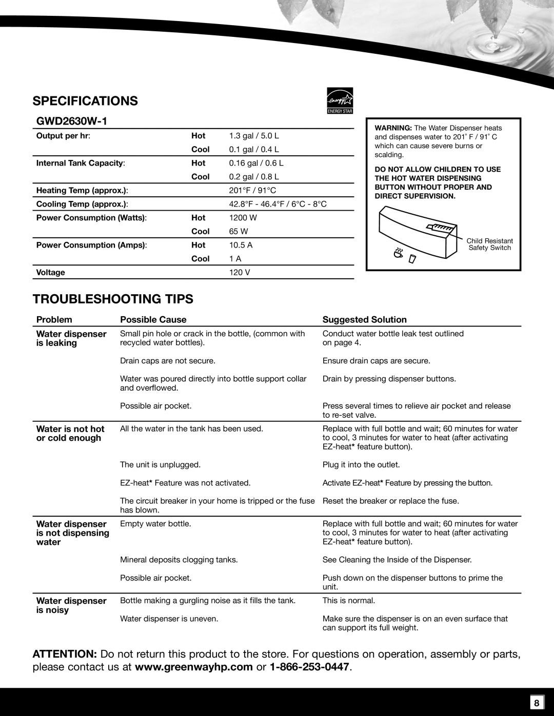 Greenway Home Products GWD2630W-1 manual Specifications, Troubleshooting Tips 