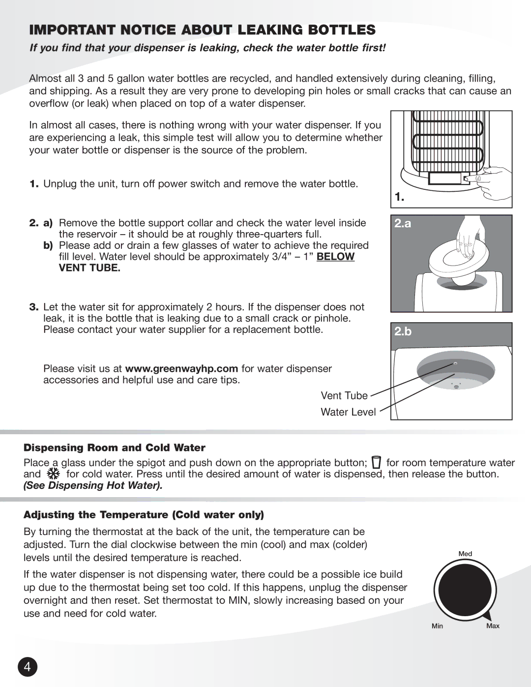 Greenway Home Products GWD5960W Important Notice about Leaking Bottles, Dispensing Room and Cold Water 