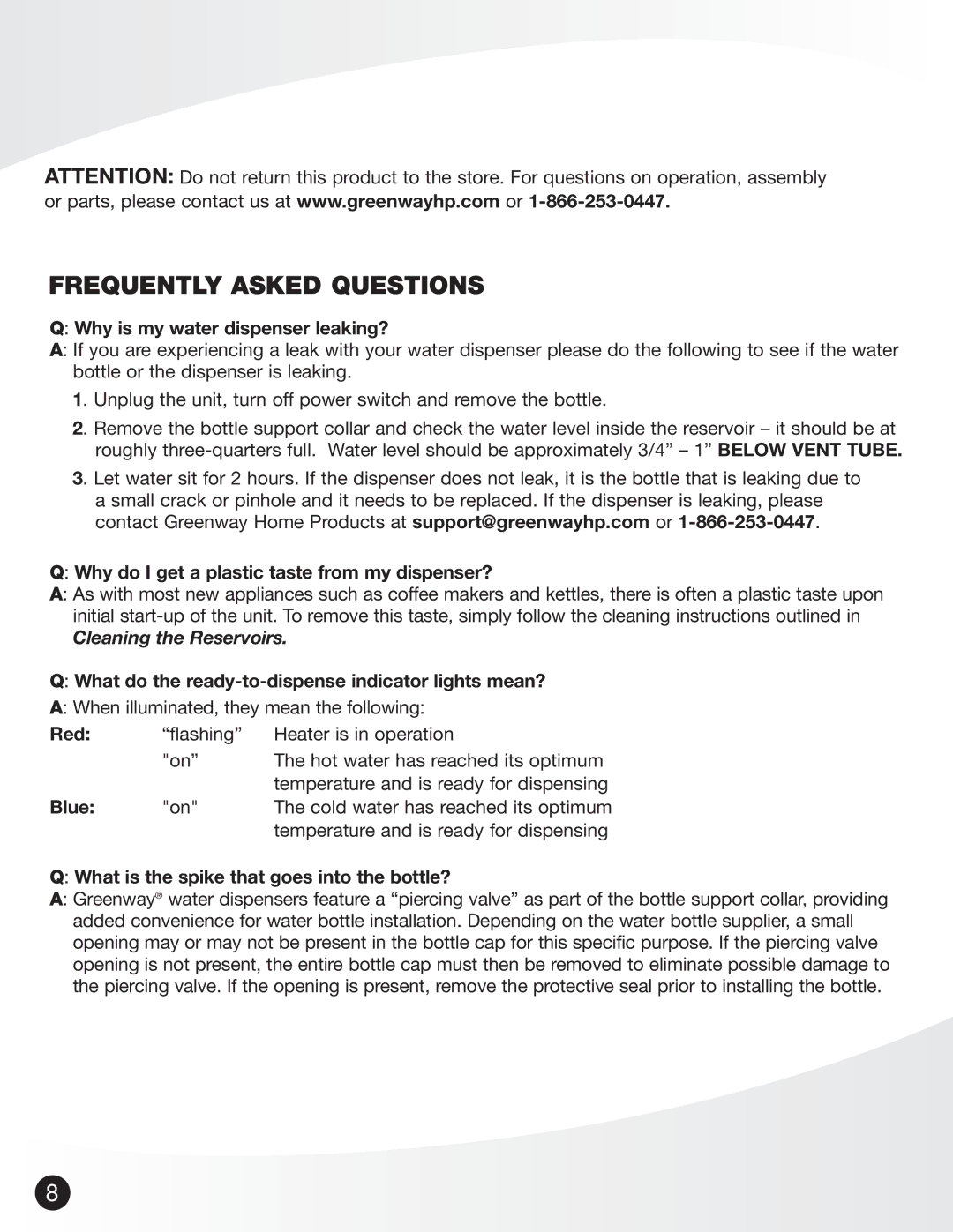 Greenway Home Products GWD5960W operating instructions Frequently Asked Questions, Cleaning the Reservoirs 