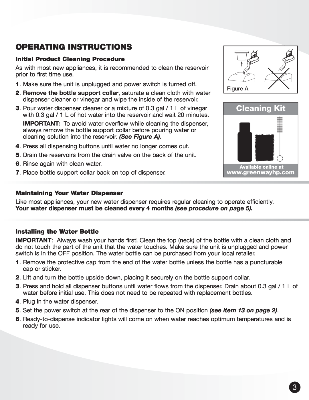 Greenway Home Products GWD5960W Operating Instructions, Initial Product Cleaning Procedure, Installing the Water Bottle 