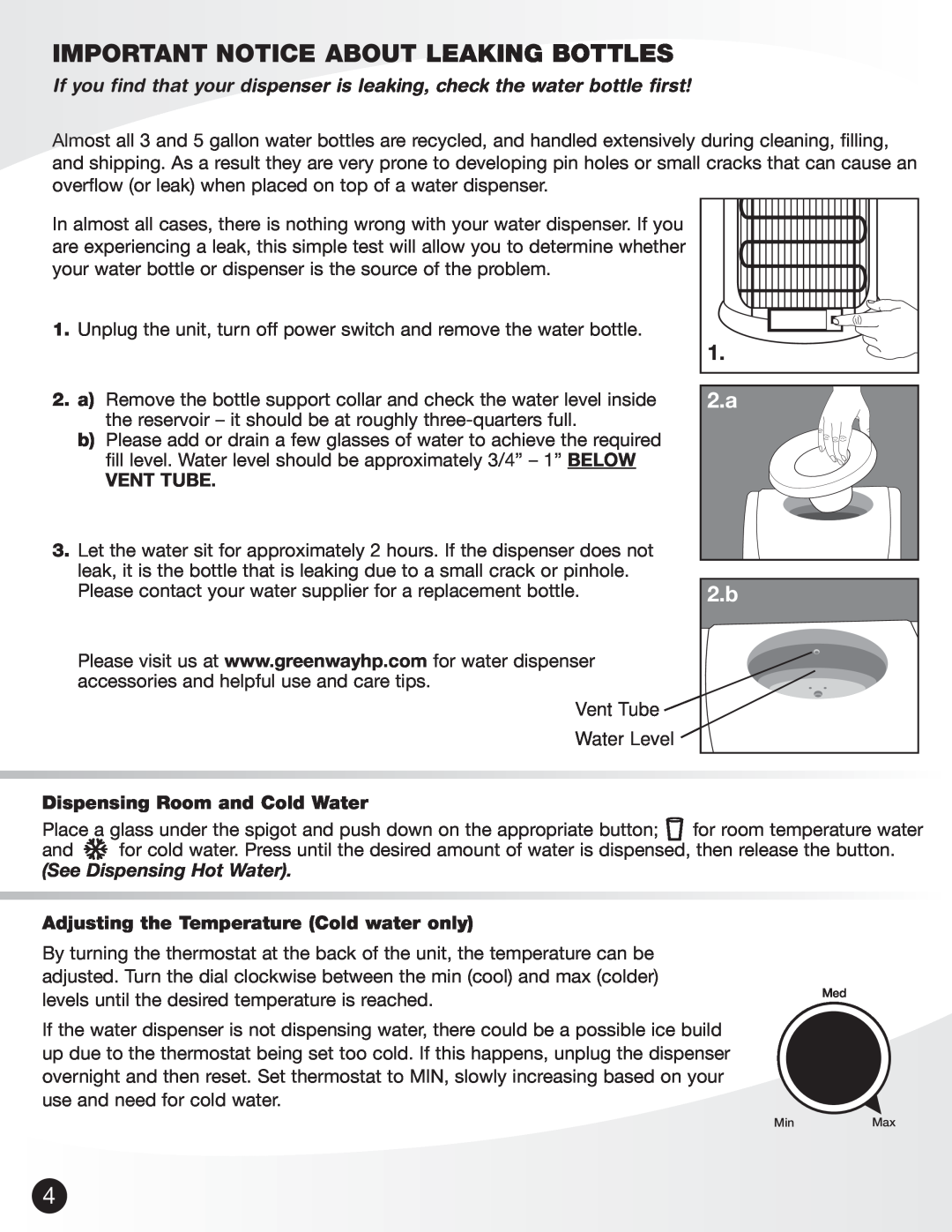 Greenway Home Products GWD5960W Important Notice About Leaking Bottles, Vent Tube, Dispensing Room and Cold Water 