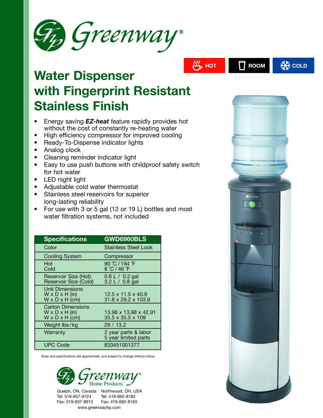 Greenway Home Products GWD6960BLS specifications Water Dispenser, with Fingerprint Resistant Stainless Finish 