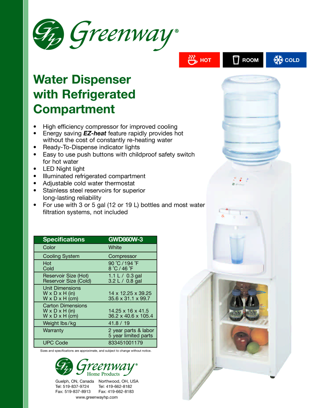 Greenway Home Products specifications Water Dispenser with Refrigerated Compartment, Specifications GWD860W-3 