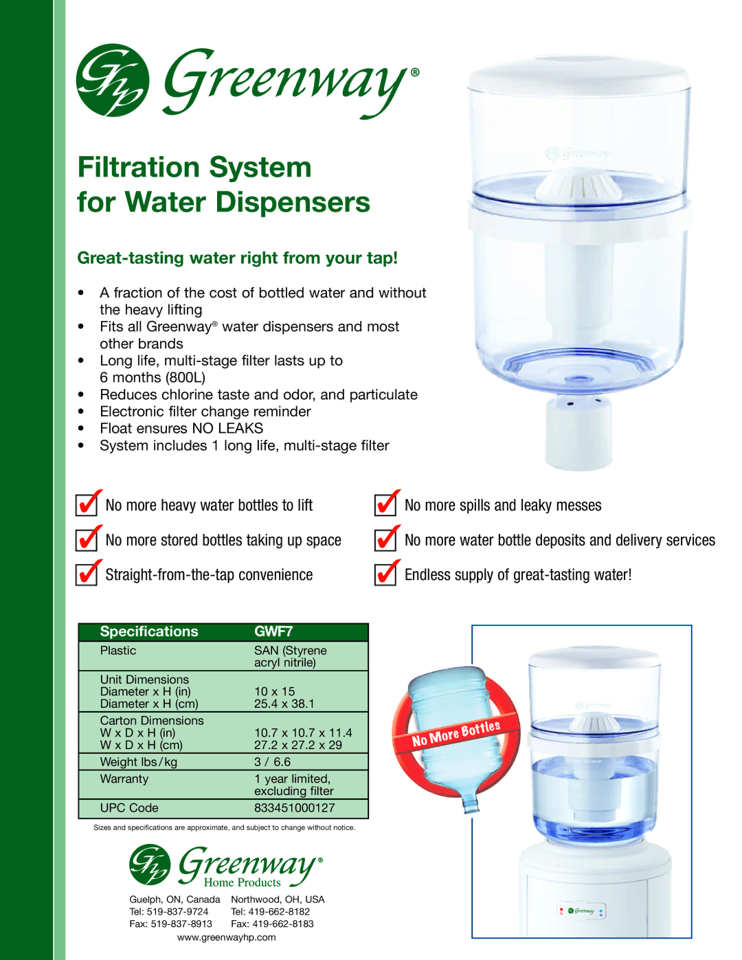 Greenway Home Products GWF7 specifications Filtration System For Water Dispensers, Great-tasting water right from your tap 