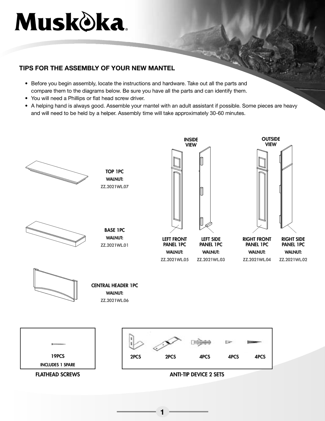 Greenway Home Products MEF2021WL warranty Tips for the Assembly of your new Mantel, TOP 1PC 