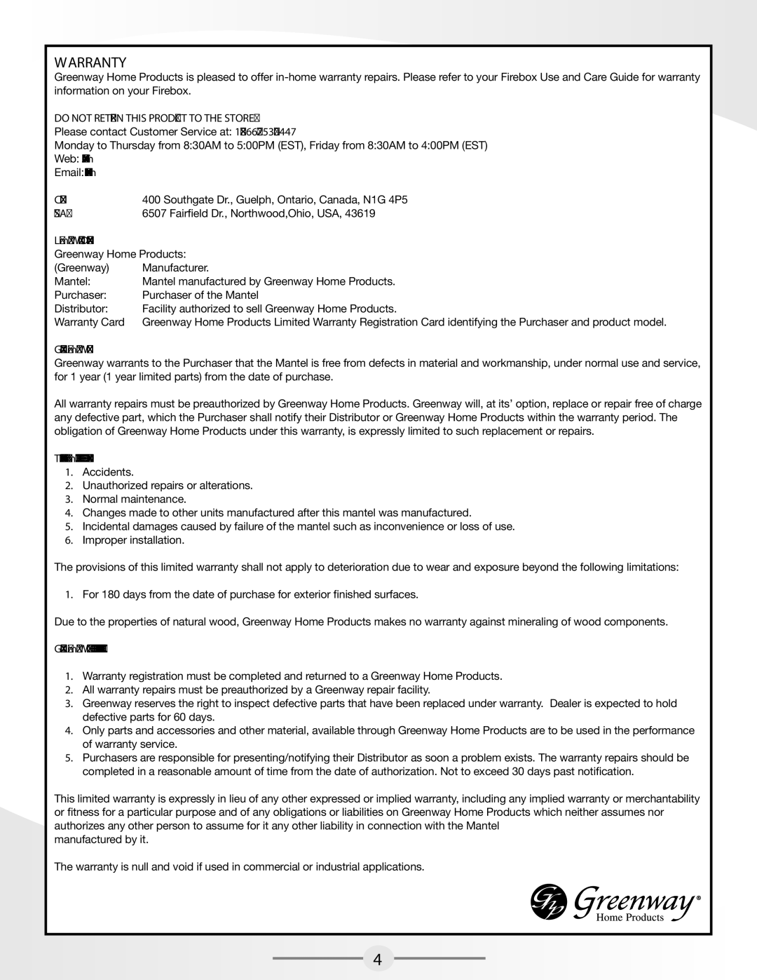 Greenway Home Products MEF2021WL warranty Warranty 