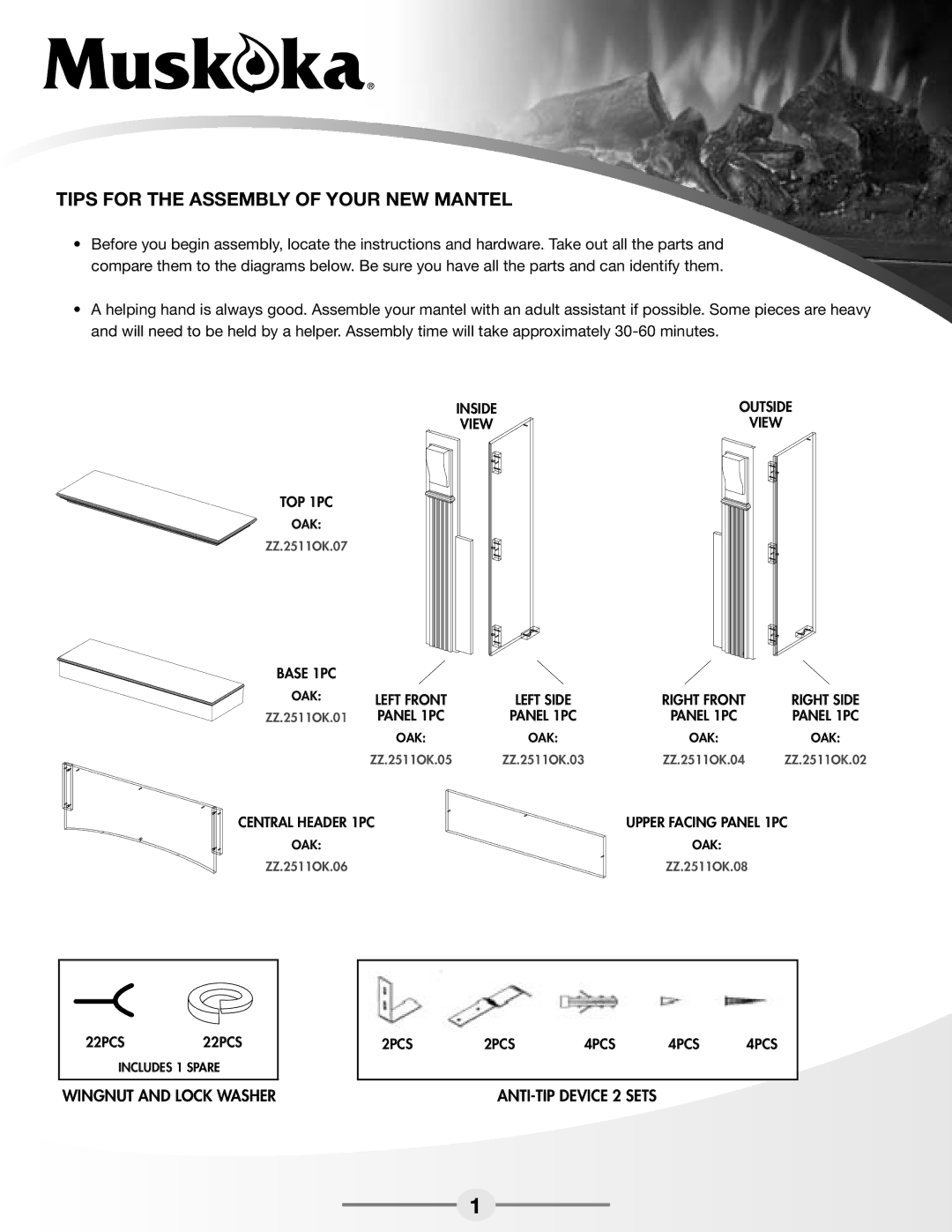 Greenway Home Products MEF2511OK warranty Tips for the Assembly of your new Mantel, View TOP 1PC 