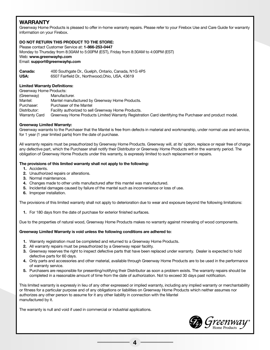 Greenway Home Products MEF2511OK warranty Warranty 