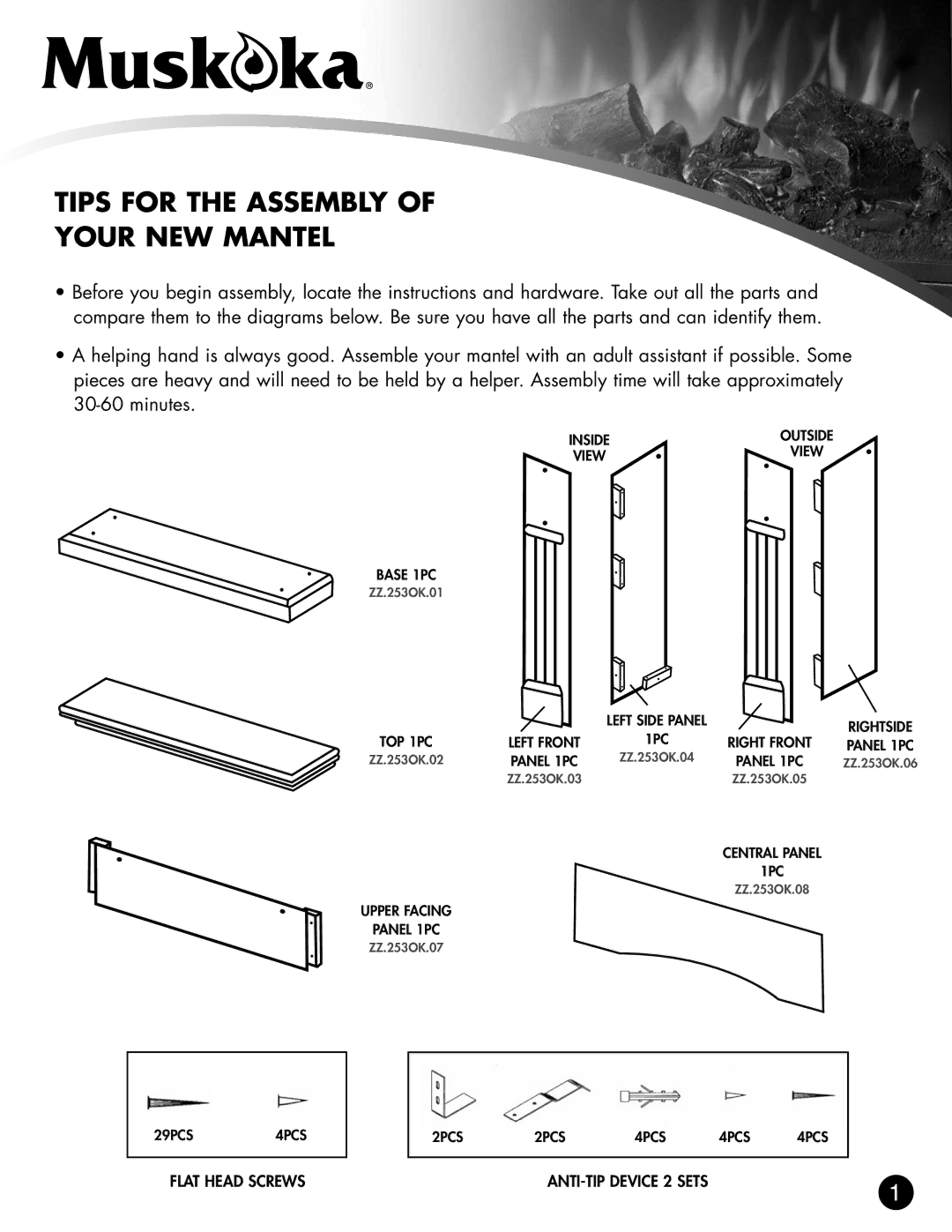 Greenway Home Products MEF253OK warranty Tips for the Assembly Your NEW Mantel, Left Side Panel 