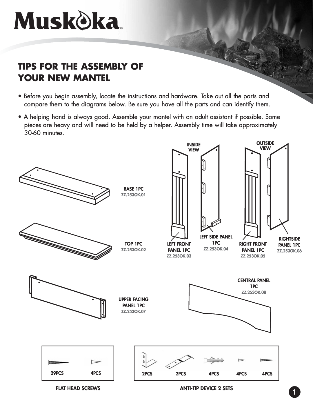 Greenway Home Products MEF253OK warranty Tips For The Assembly Of Your New Mantel, Flat Head Screws, ANTI-TIPDEVICE 2 SETS 