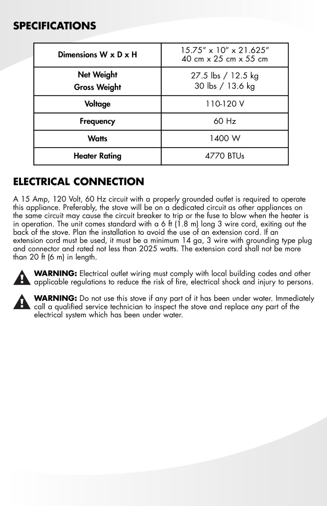 Greenway Home Products MES12BL manual Specifications, Electrical Connection 