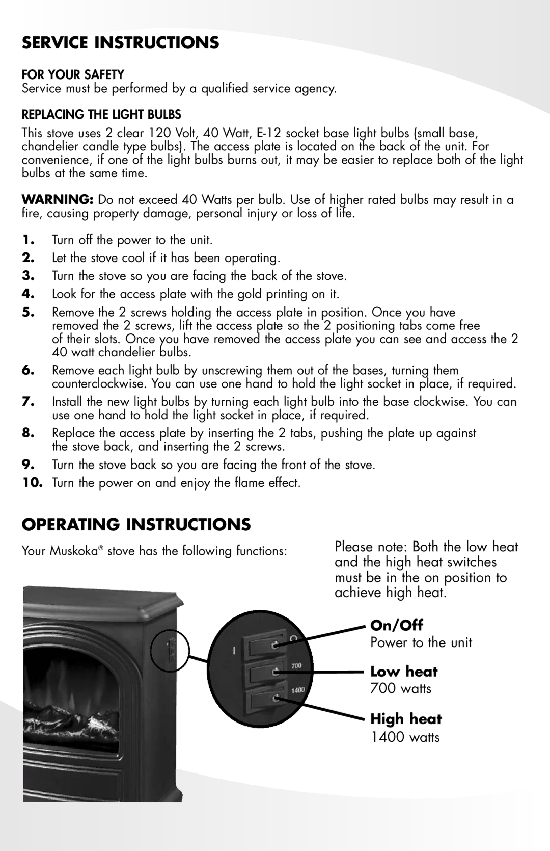 Greenway Home Products MES12BL manual Service Instructions, Operating Instructions 