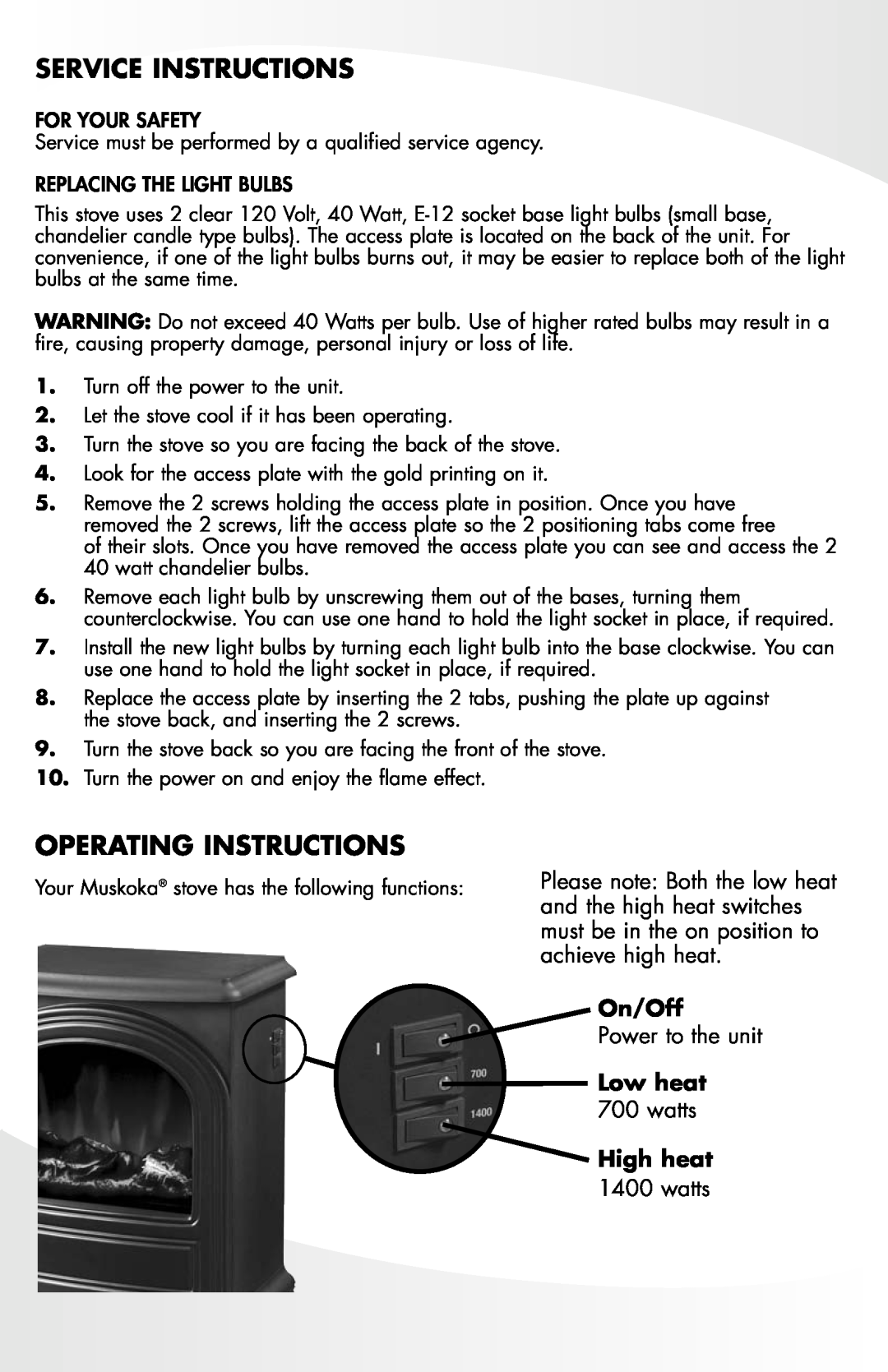Greenway Home Products MES12BL Service Instructions, Operating Instructions, Power to the unit, watts, On/Off, Low heat 