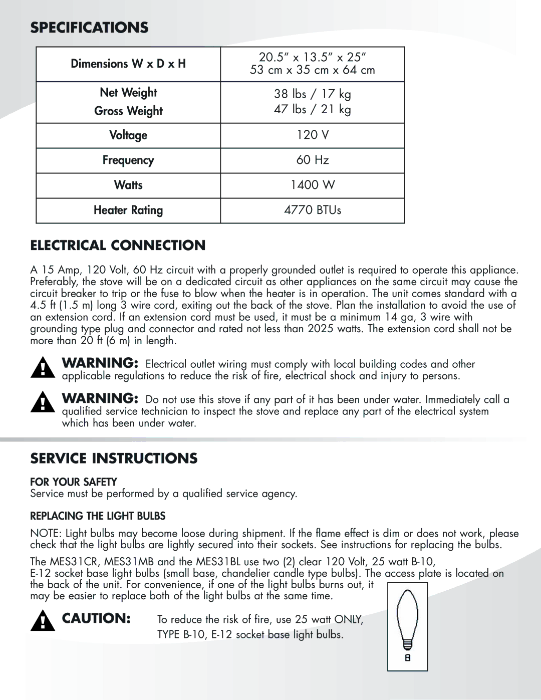 Greenway Home Products MES31MB, MES31CR, MES31BL manual Specifications 