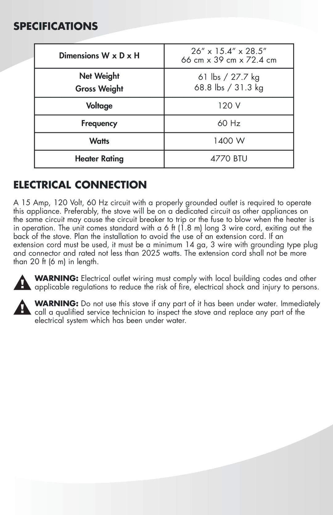 Greenway Home Products MES32BL manual Specifications, Electrical Connection 