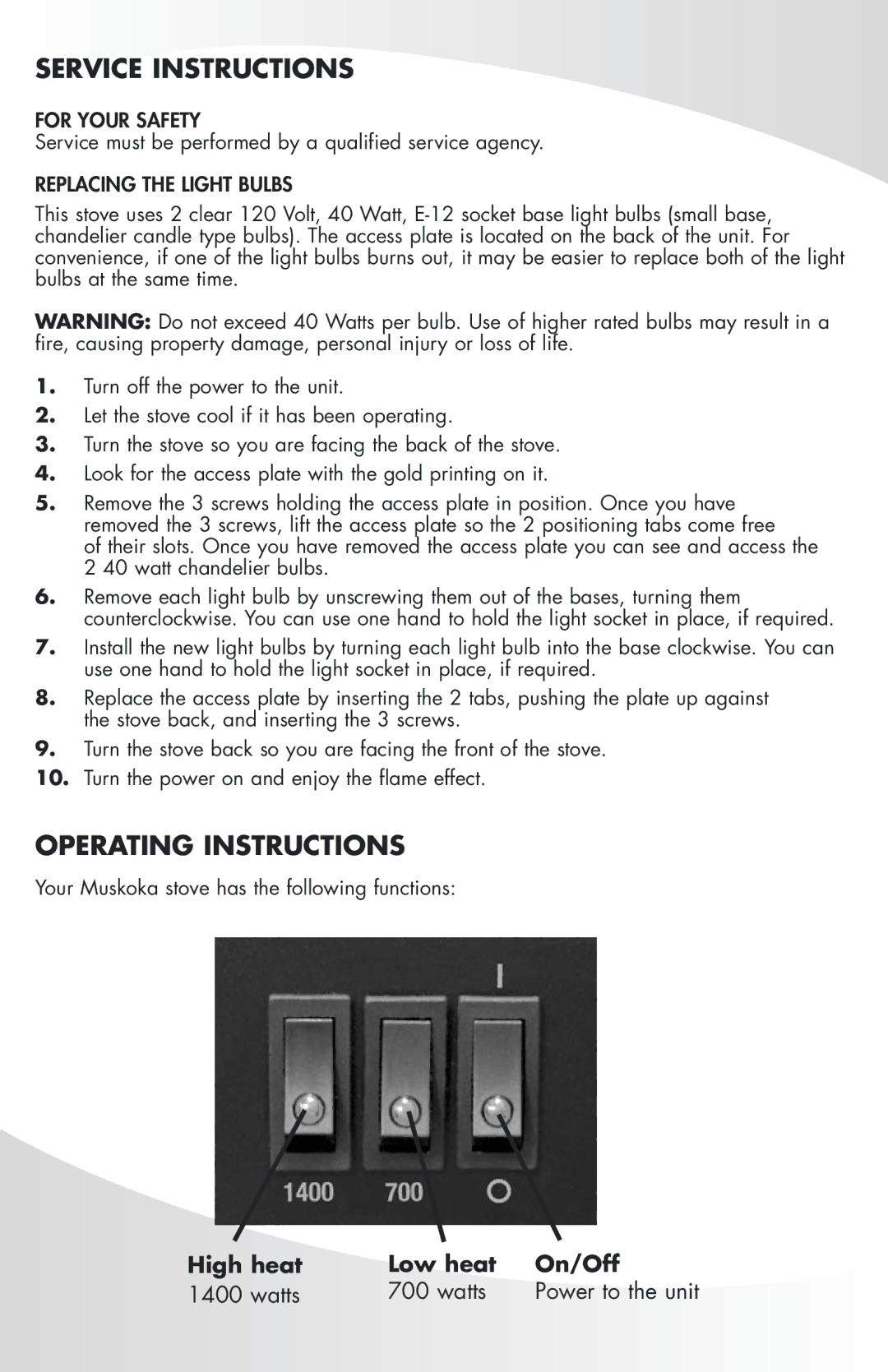 Greenway Home Products MES32BL manual Service Instructions, Operating Instructions 