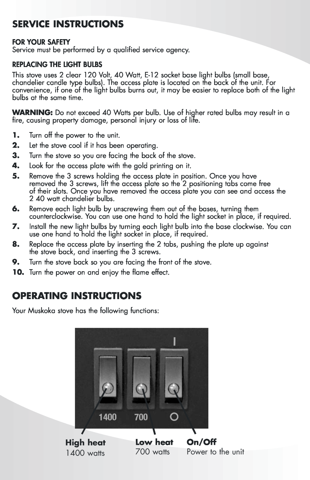 Greenway Home Products MES32BL Service Instructions, Operating Instructions, watts, Power to the unit, High heat, Low heat 