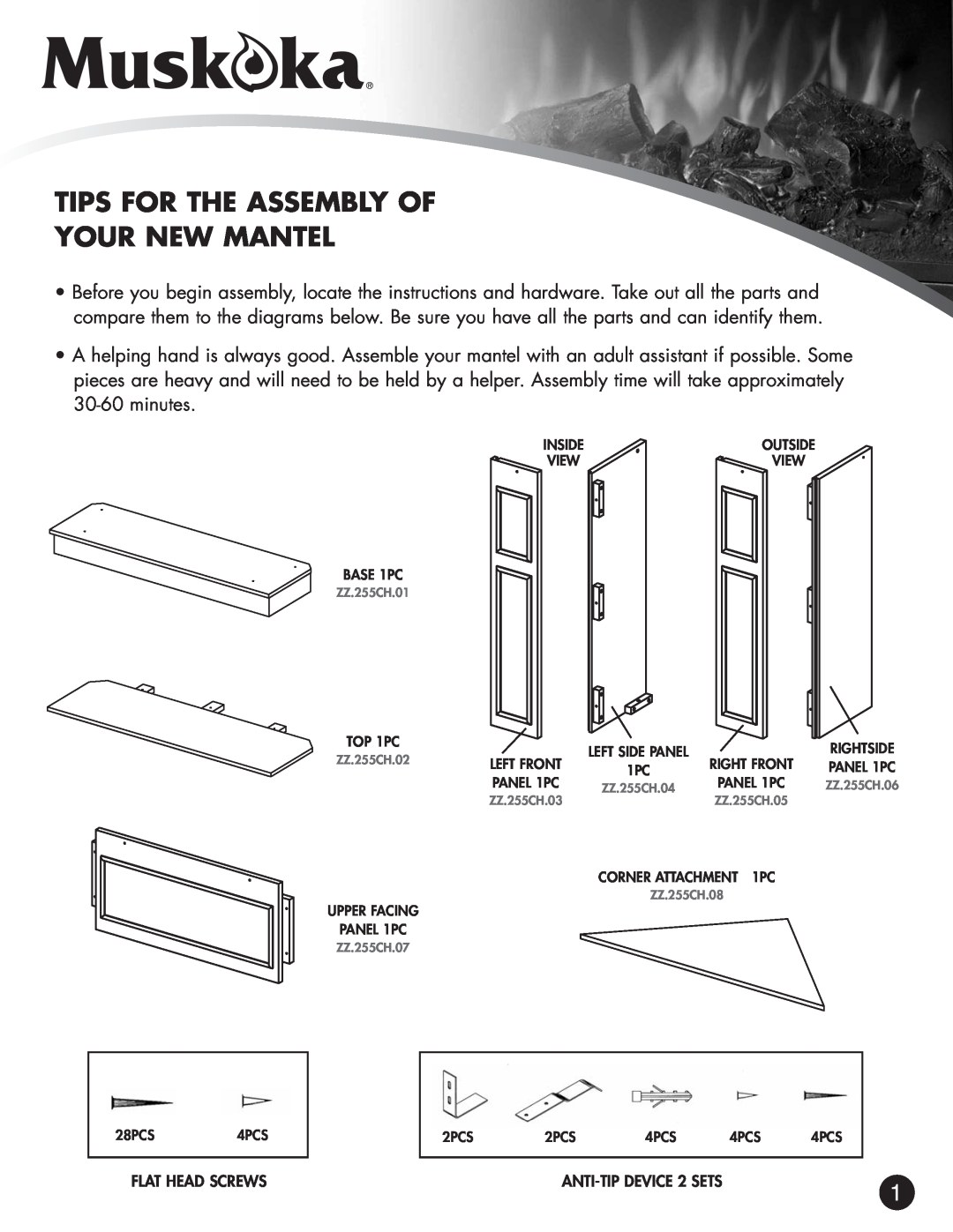 Greenway Home Products MM255CH warranty Tips For The Assembly Of Your New Mantel, Flat Head Screws, ANTI-TIPDEVICE 2 SETS 