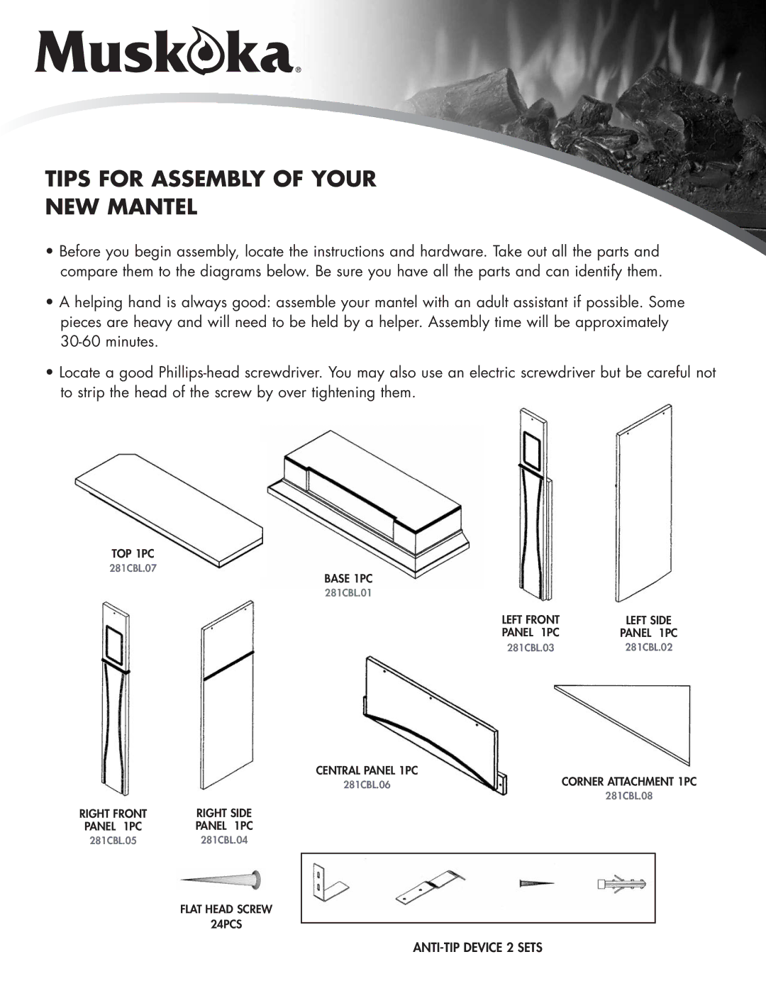 Greenway Home Products MM281CBL manual Tips for Assembly of Your NEW Mantel, Base 1PC 