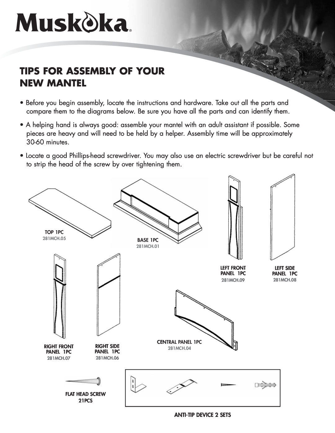Greenway Home Products MM281MCH manual Tips For Assembly Of Your New Mantel, ANTI-TIPDEVICE 2 SETS 