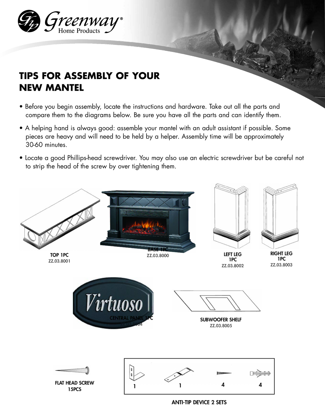 Greenway Home Products MM282ABL manual Tips for Assembly of Your NEW Mantel, Left LEG 