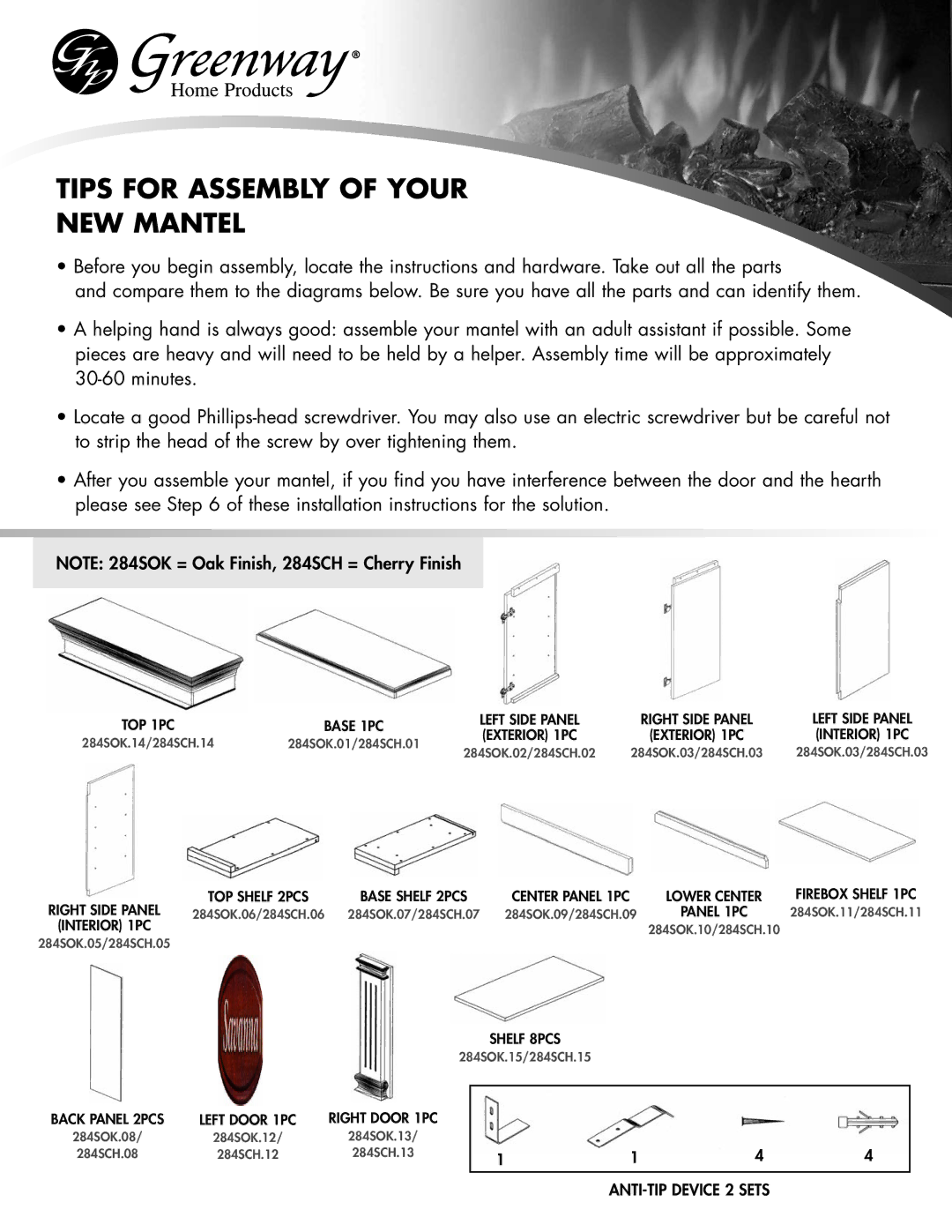 Greenway Home Products MM284SCH, MM284SOK manual Tips for Assembly of Your NEW Mantel 