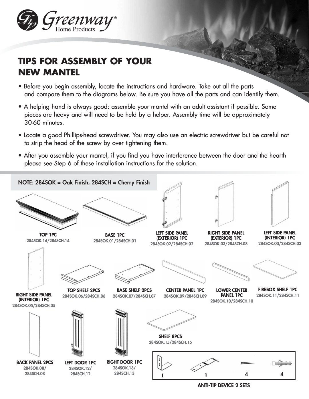 Greenway Home Products MM284SCH Tips For Assembly Of Your New Mantel, NOTE 284SOK = Oak Finish, 284SCH = Cherry Finish 