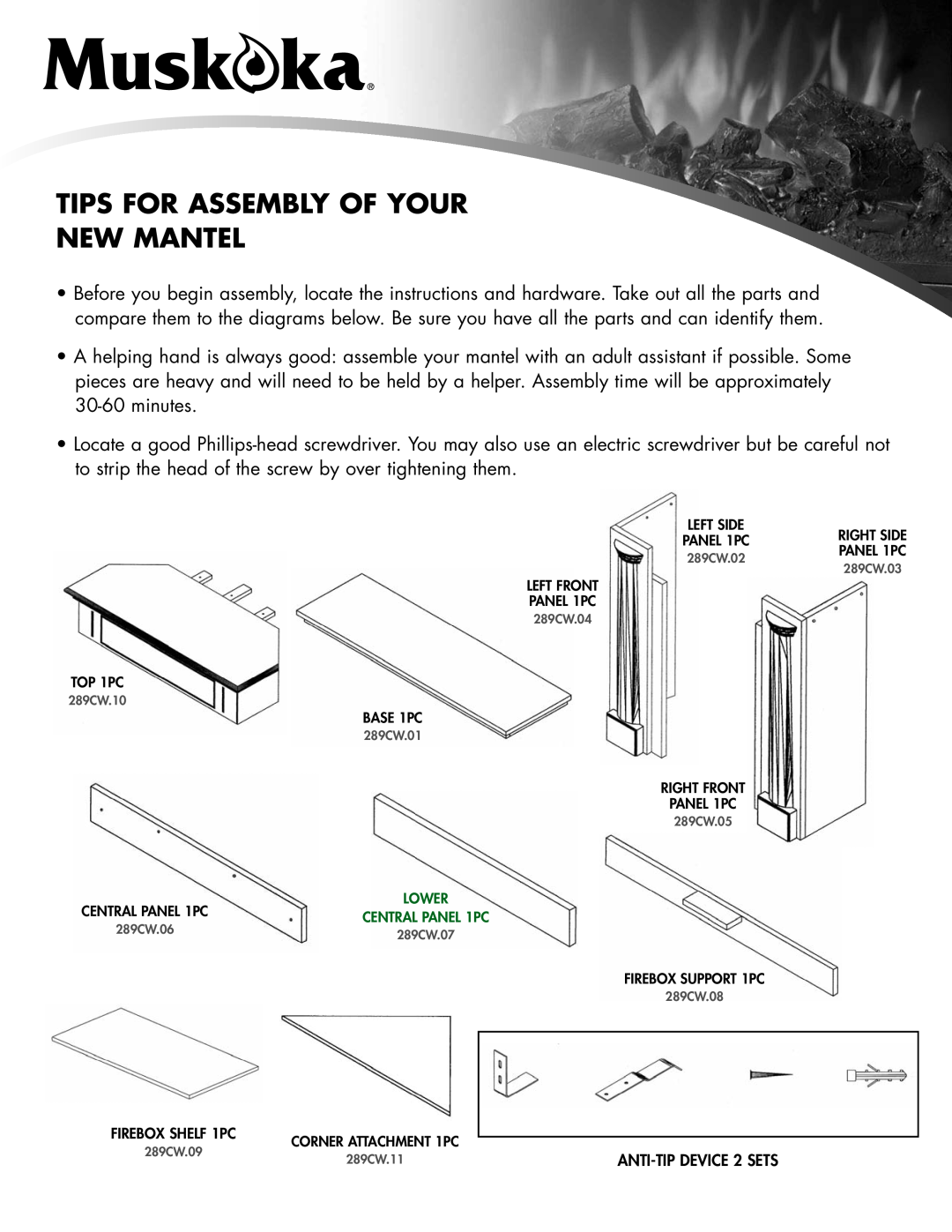 Greenway Home Products MM289CW manual Tips For Assembly Of Your New Mantel, LEFT FRONT PANEL 1PC, TOP 1PC, BASE 1PC 