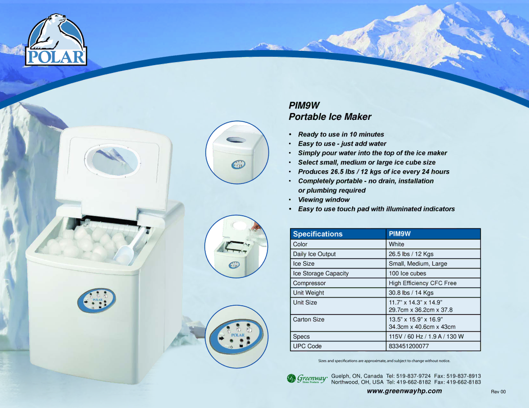 Greenway Home Products PIM9W specifications Portable Ice Maker, Specifications 