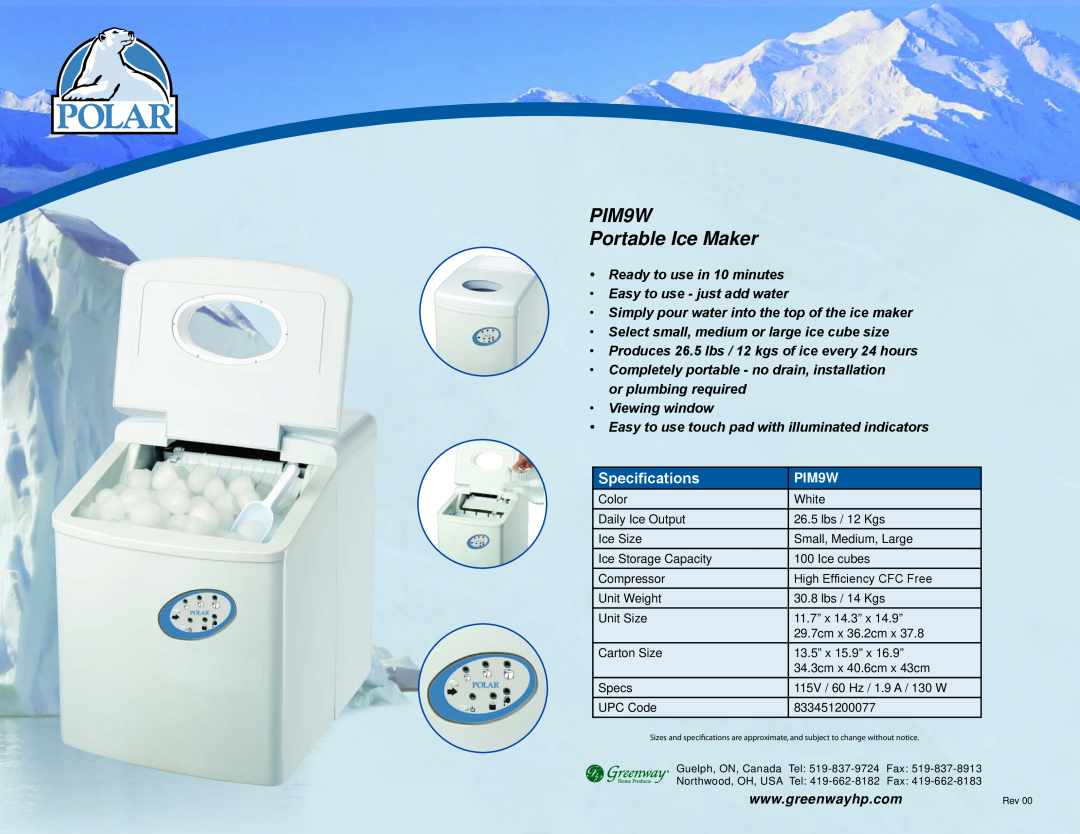 Greenway Home Products specifications PIM9W Portable Ice Maker, Specifications 