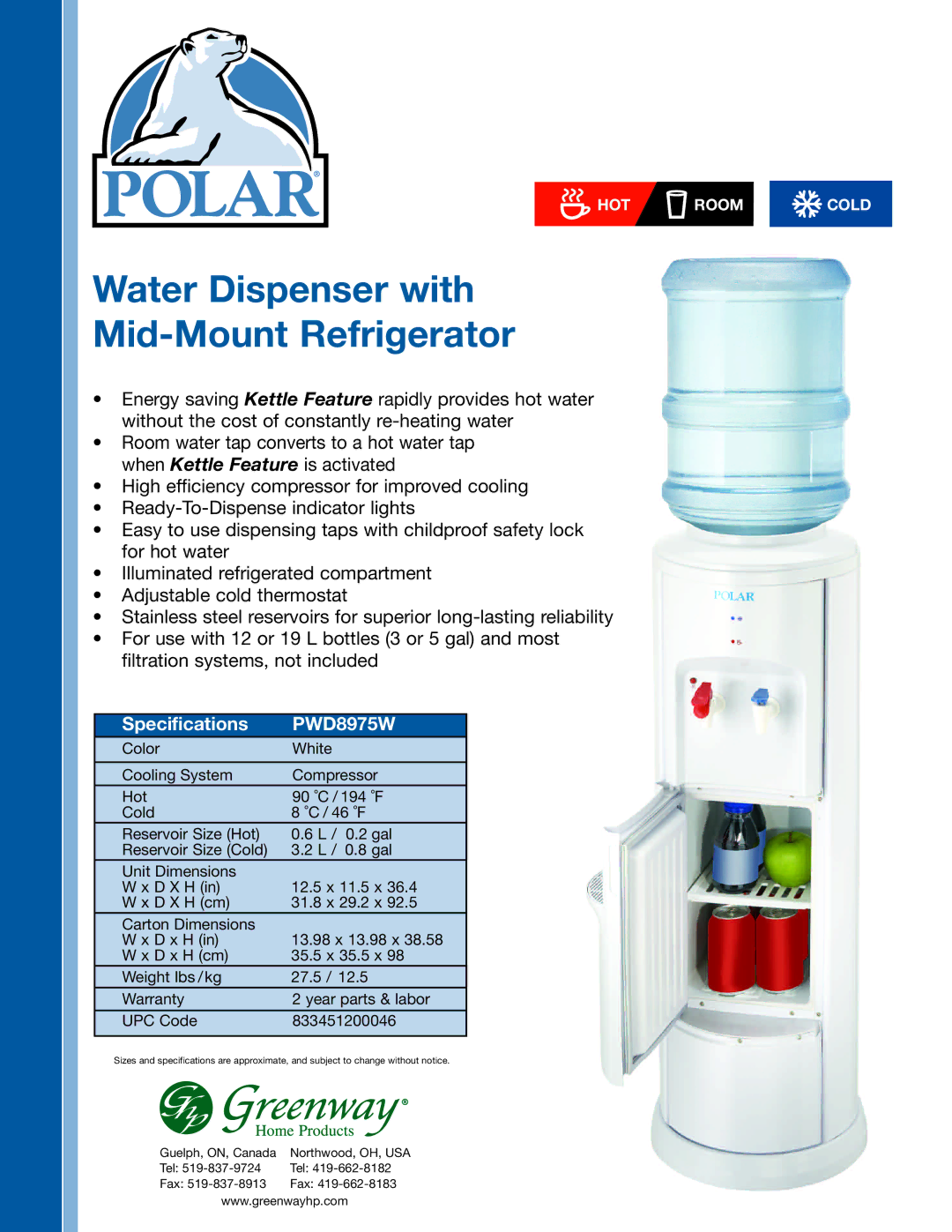 Greenway Home Products specifications Water Dispenser with Mid-Mount Refrigerator, Specifications PWD8975W 