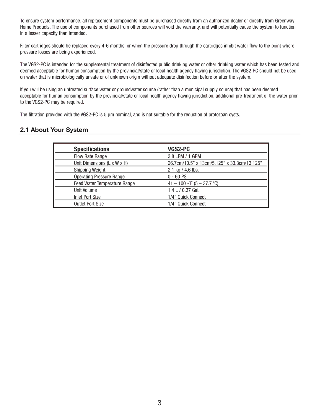 Greenway Home Products VGS2-PC manual About Your System Specifications 