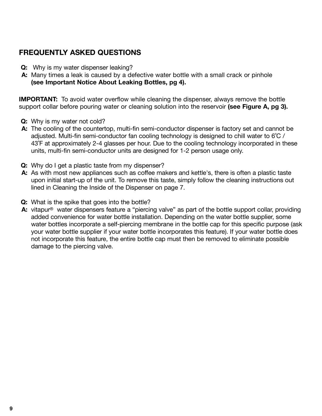 Greenway Home Products VWD2636RED-1, VWD2636W-1 Frequently Asked Questions, See Important Notice About Leaking Bottles, pg 