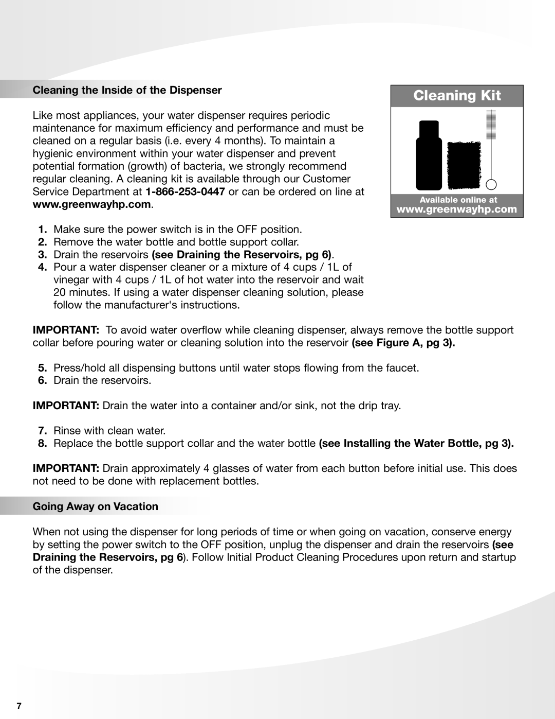 Greenway Home Products VWD2636W-1, VWD2636BLK-1, VWD2636RED-1 Cleaning the Inside of the Dispenser, Going Away on Vacation 