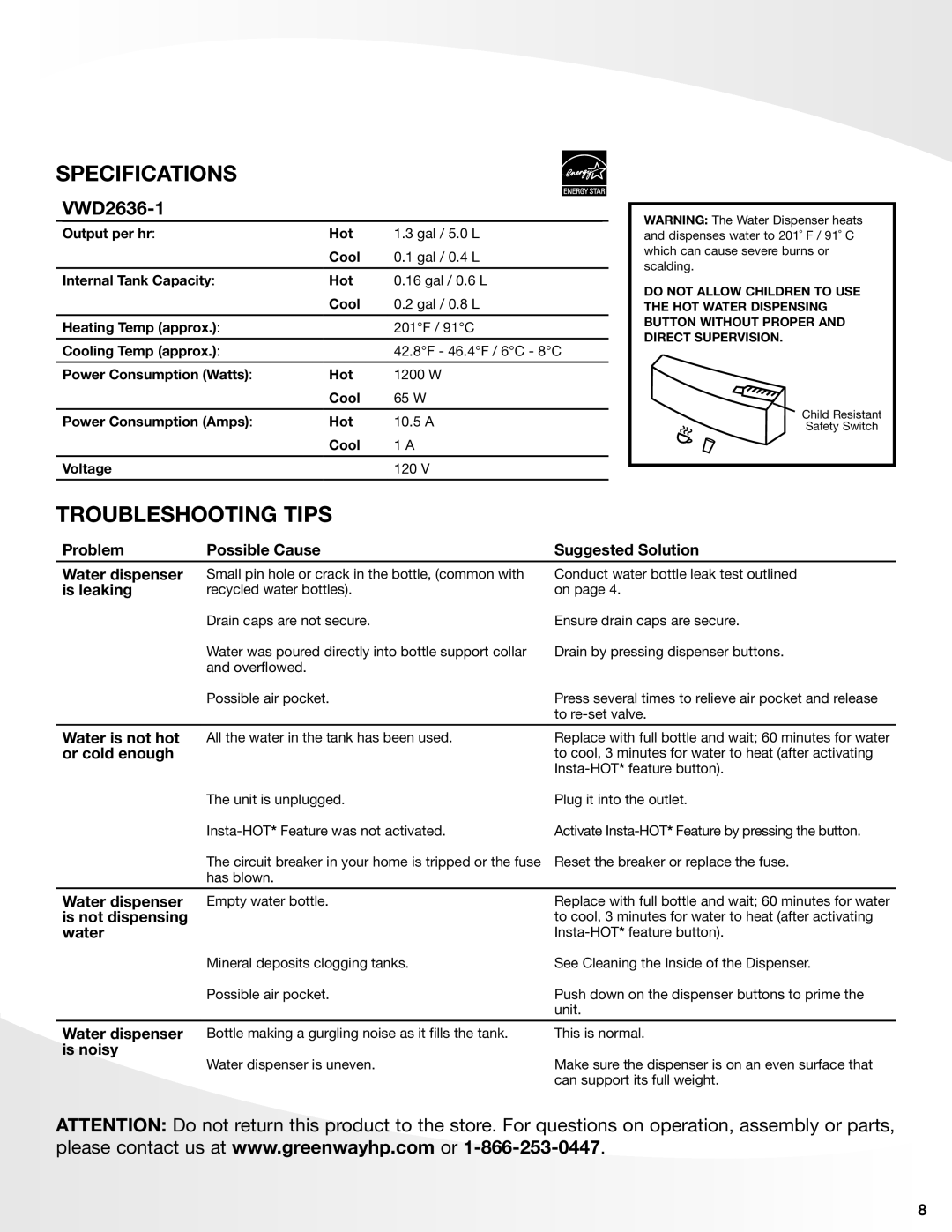 Greenway Home Products VWD2636BLK-1, VWD2636RED-1, VWD2636W-1 manual Specifications, Troubleshooting Tips, VWD2636-1 