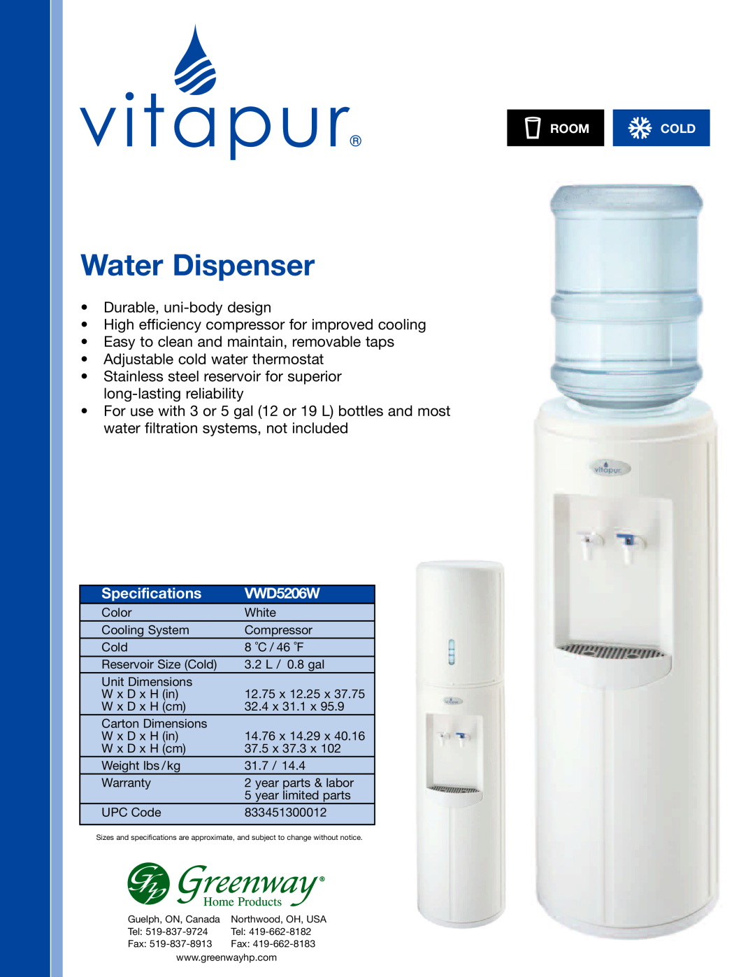 Greenway Home Products VWD5206W specifications Water Dispenser, Specifications 