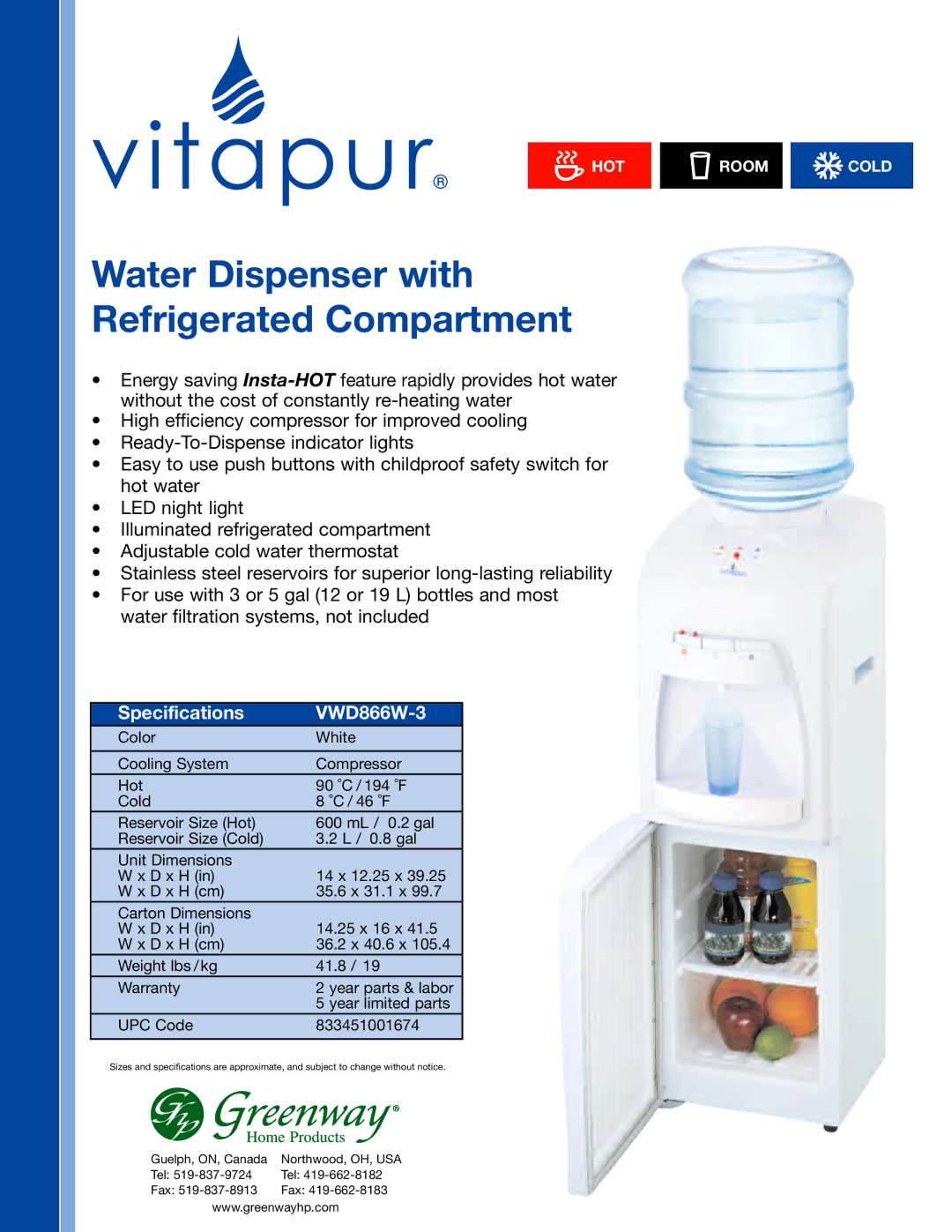 Greenway Home Products specifications Water Dispenser with Refrigerated Compartment, Specifications VWD866W-3 