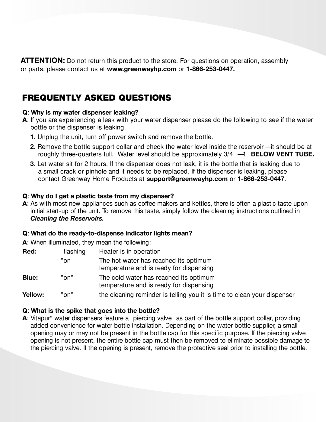 Greenway Home Products VWD8956BLS operating instructions Frequently Asked Questions, Cleaning the Reservoirs 